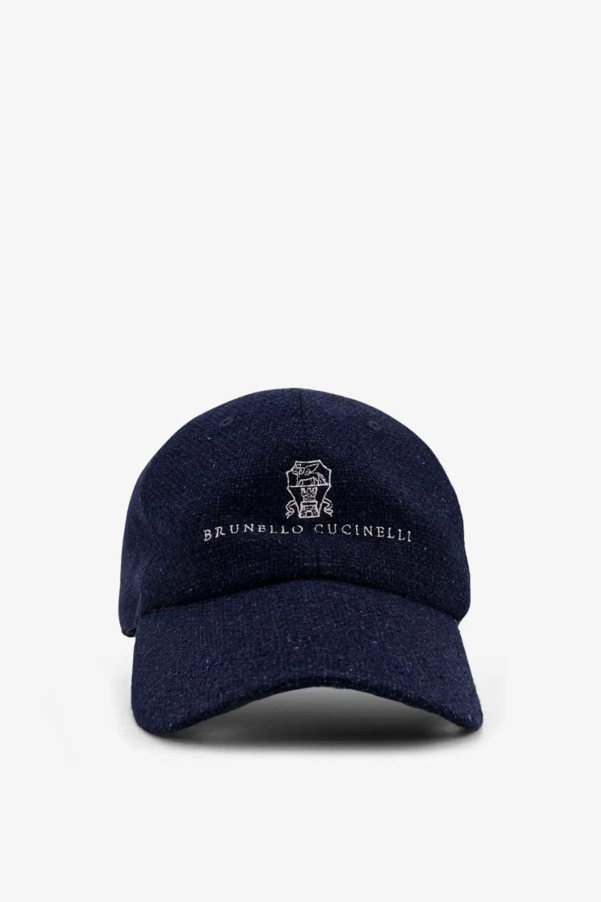 Dark blue linen and wool baseball cap with white embroidered logo and brand name by brunello cucinelli