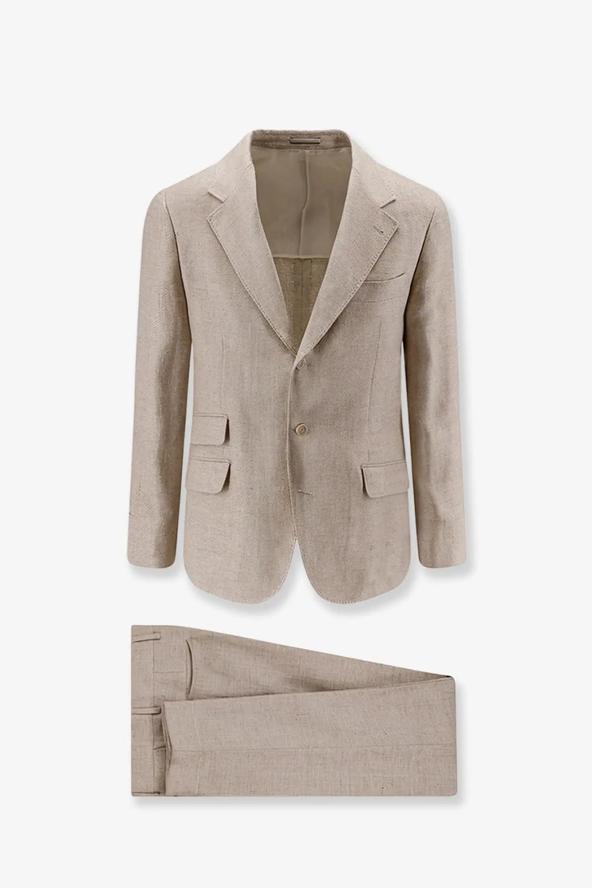 Beige linen blend suit jacket with subtle textured weave and matching trousers from brunello cucinelli mens linen and wool suit