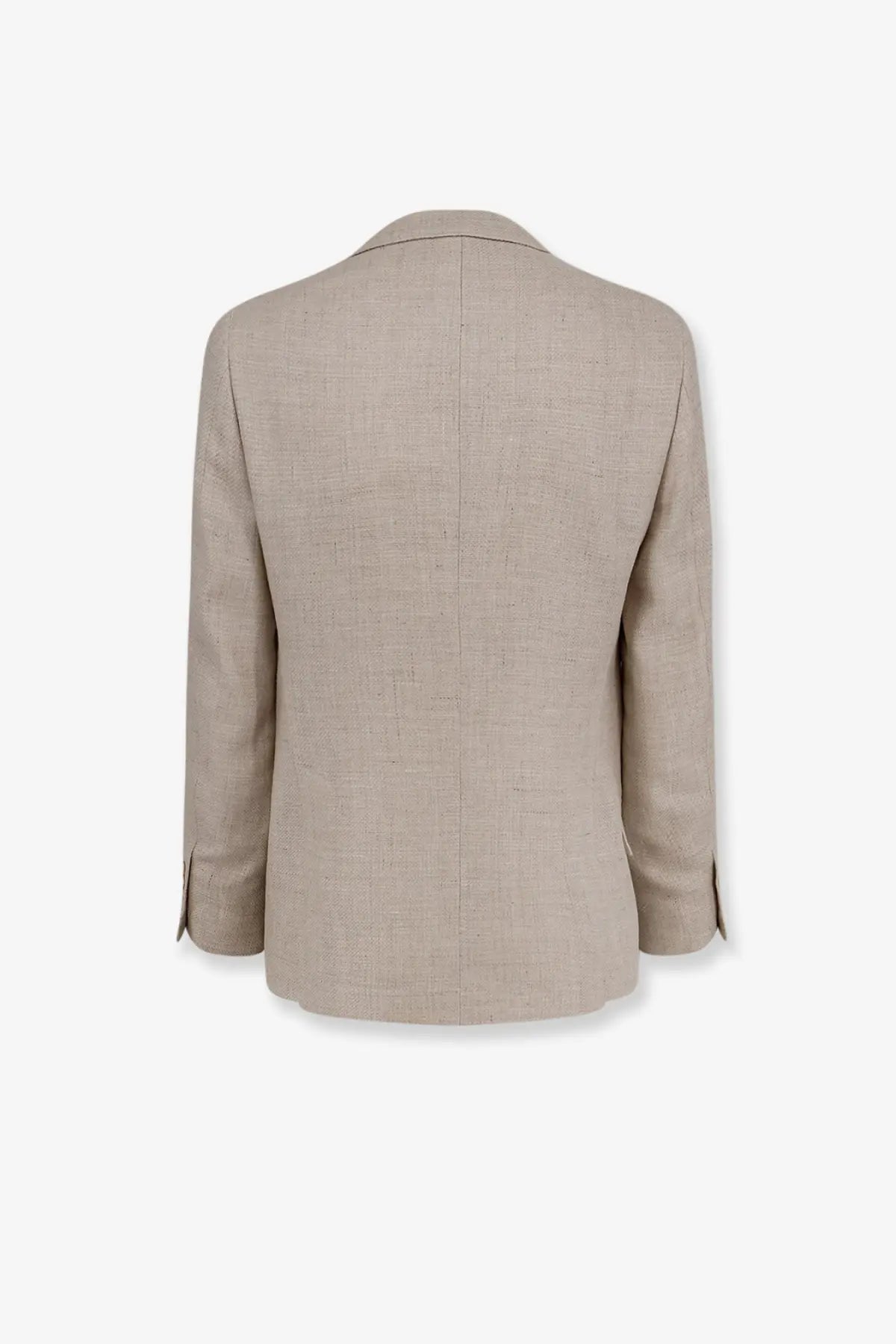Beige textured linen blazer with classic tailored fit and subtle vertical seam detail from Brunello Cucinelli men’s suit