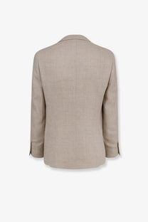 Beige textured linen blazer with classic tailored fit and subtle vertical seam detail from Brunello Cucinelli men’s suit