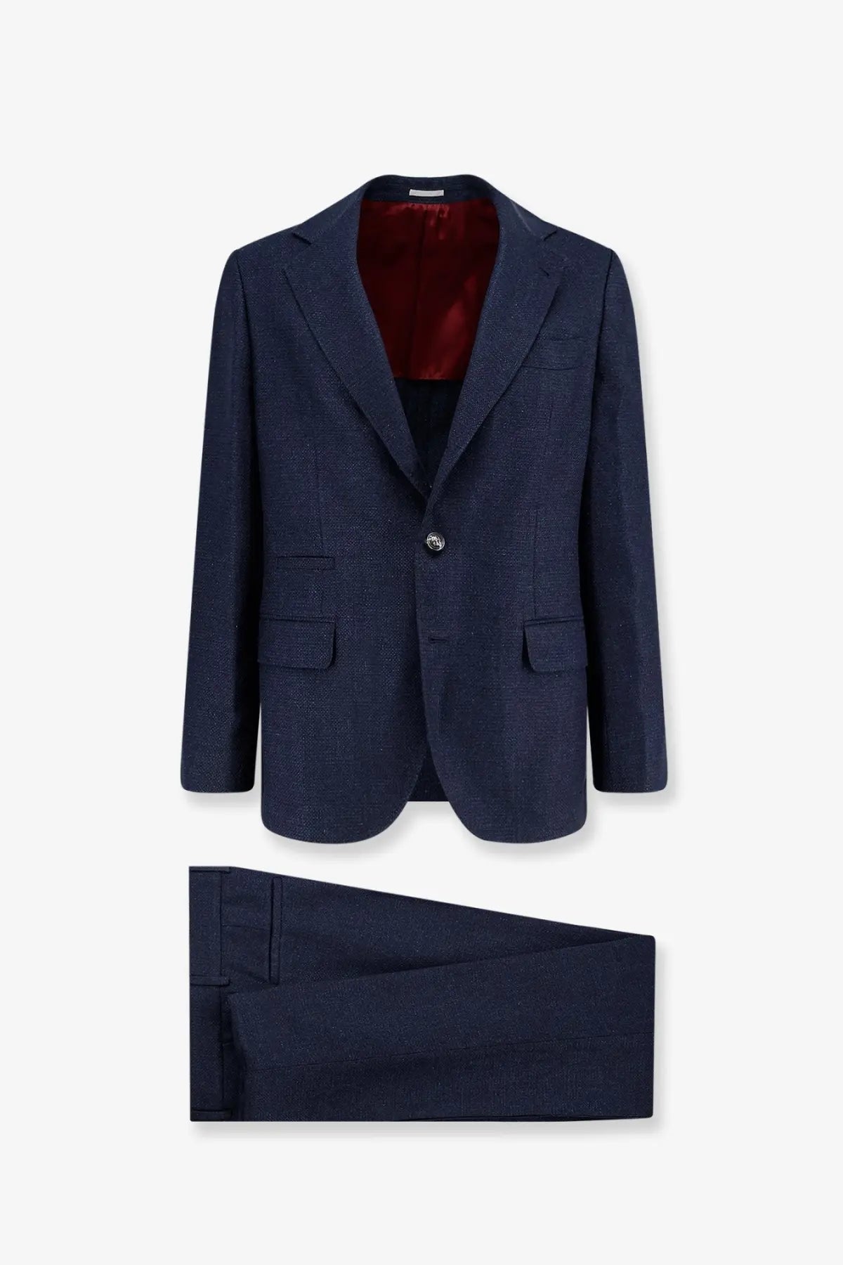 Brunello cucinelli men’s linen and wool suit in navy blue with textured fabric and rich red velvet lining visible inside