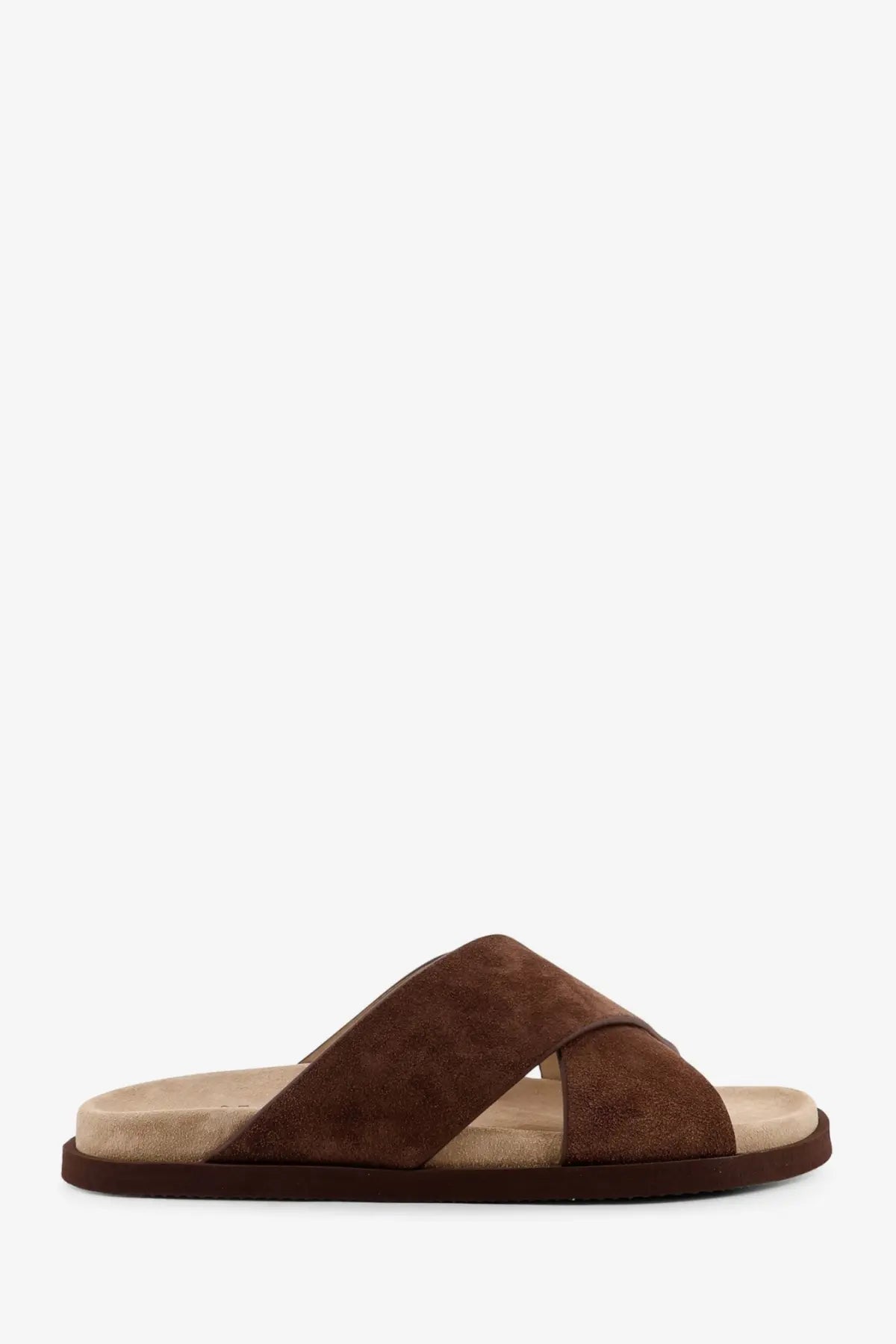 Brunello Cucinelli men’s low suede sandals in grey with brown suede slide and cross-over strap design and cushioned insole