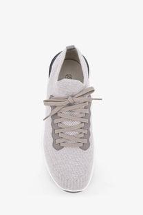 Brunello Cucinelli men’s low top sneaker in light gray cotton knit and leather with matching laces and white sole