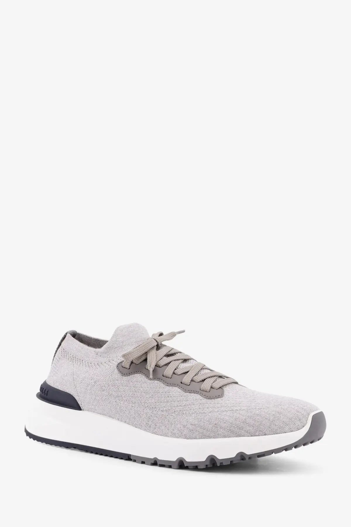 Brunello Cucinelli men’s low top cotton knit and leather sneaker in gray with white midsole and black heel accents back view