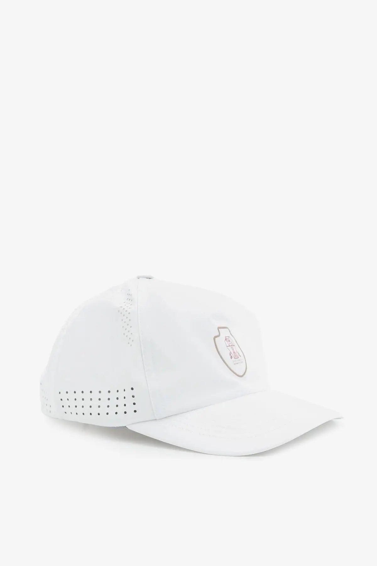 Brunello Cucinelli men’s white nylon baseball cap with perforated side panels and subtle shield-shaped logo on front