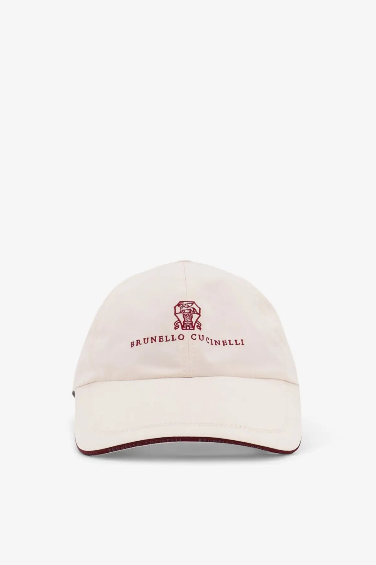 Cream-colored Brunello Cucinelli men’s nylon baseball cap with red embroidered logo and brand name on front