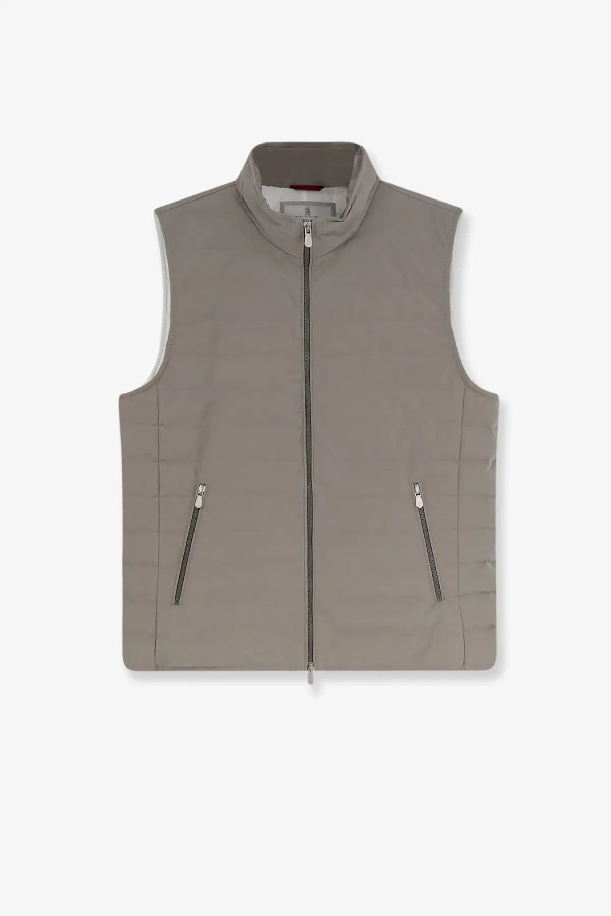 Brunello Cucinelli men’s green padded sleeveless jacket with quilted design high collar and front zipper closure