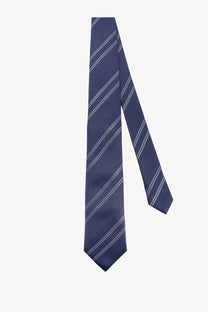 Brunello Cucinelli men’s navy blue silk tie with subtle silver diagonal stripes and herringbone texture
