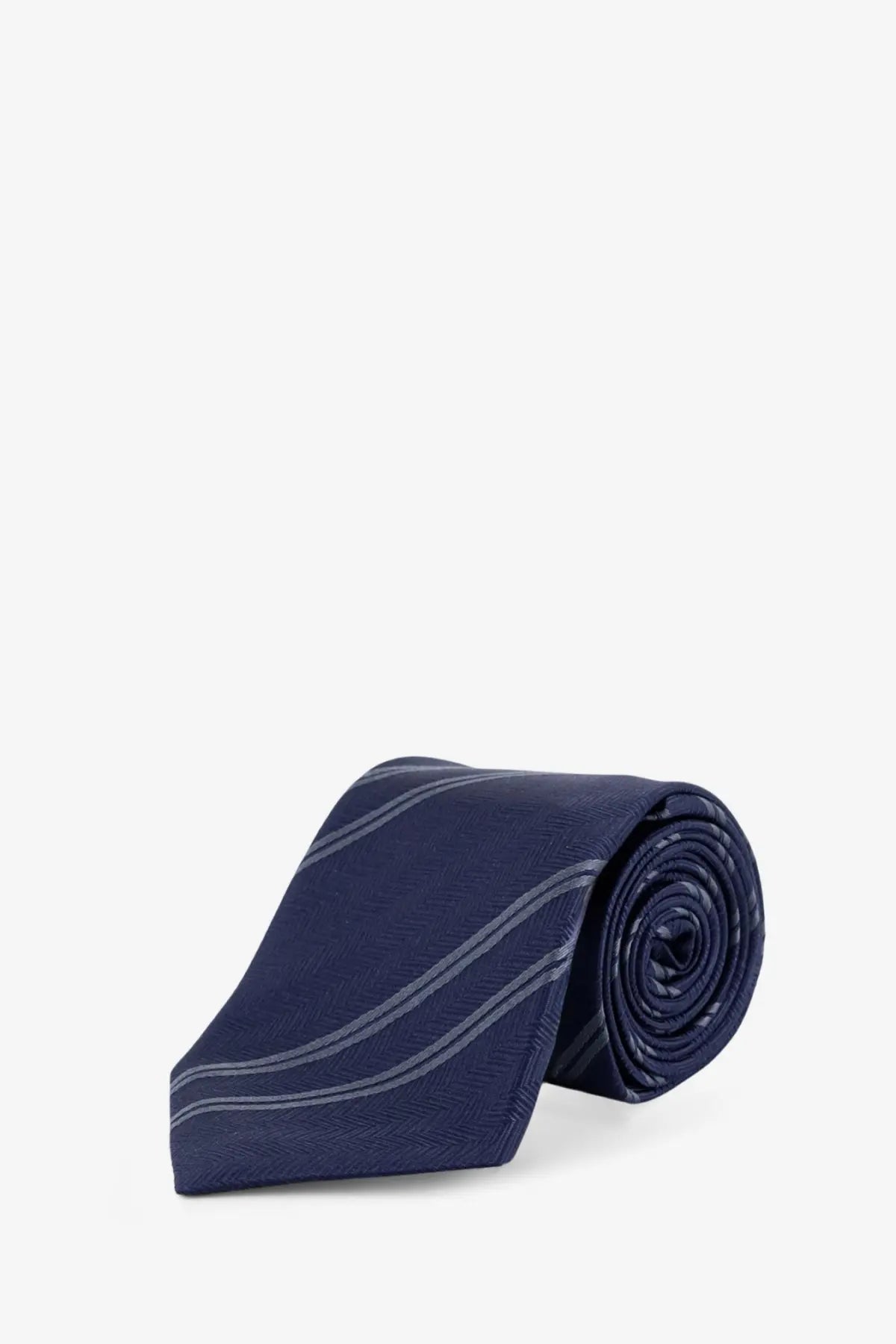 Brunello Cucinelli men’s silk tie in navy blue with subtle silver diagonal stripes and a regimental motif