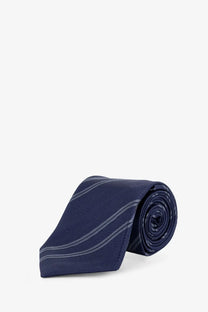 Brunello Cucinelli men’s silk tie in navy blue with subtle silver diagonal stripes and a regimental motif