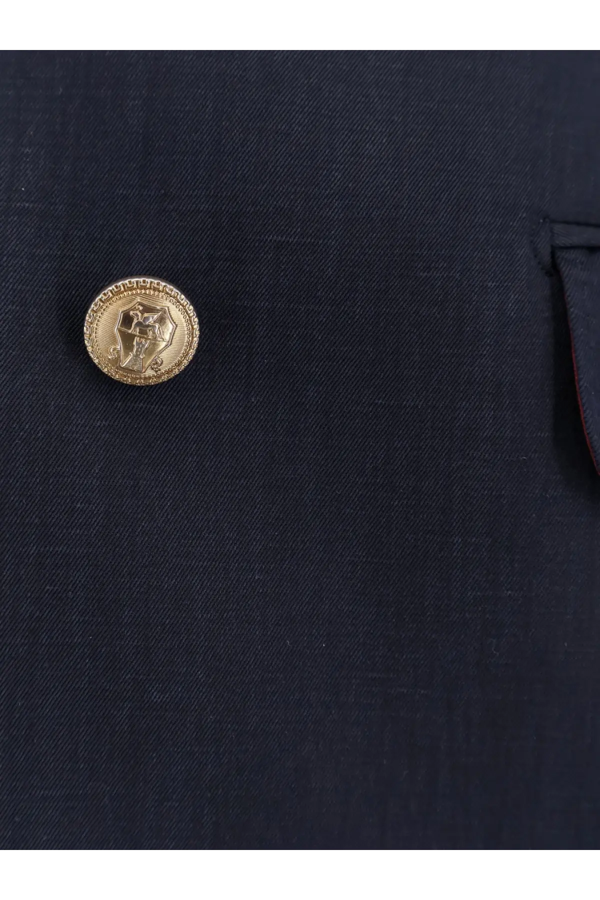 Gold-toned circular button with embossed design and beaded edge on brunello cucinelli mens silk linen blue blazer
