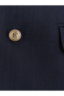 Gold-toned circular button with embossed design and beaded edge on brunello cucinelli men’s blue silk and linen blazer