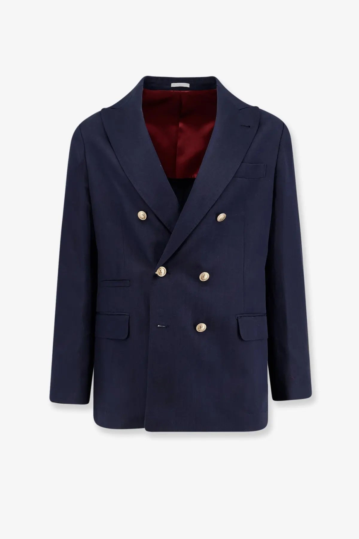 Brunello Cucinelli men’s navy blue double-breasted silk and linen blazer with gold buttons and red satin lining
