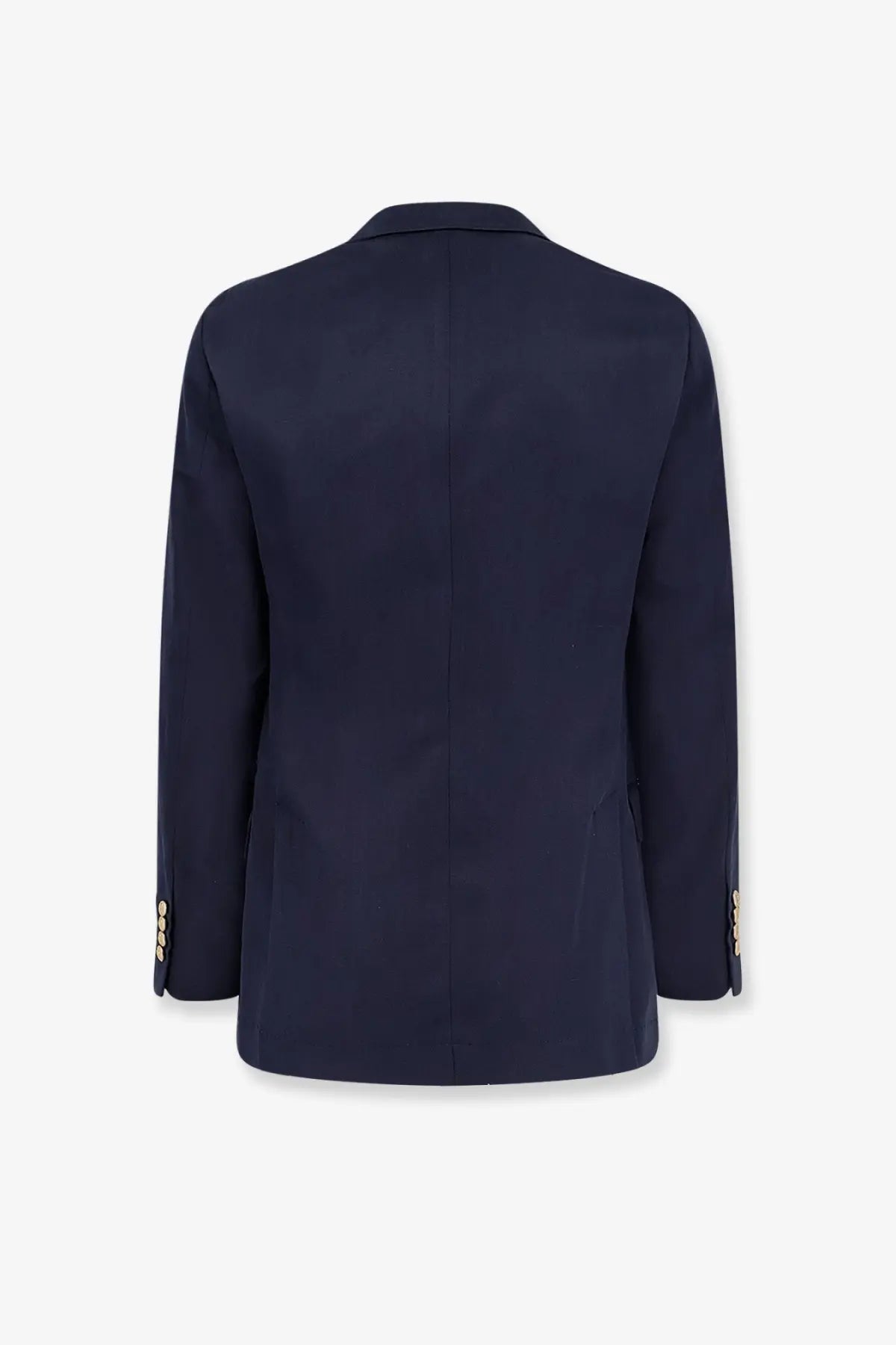 Brunello Cucinelli men’s navy blue silk and linen blazer with gold-tone button details on the cuffs