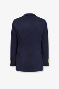 Brunello Cucinelli men’s navy blue silk and linen blazer with gold-tone button details on the cuffs