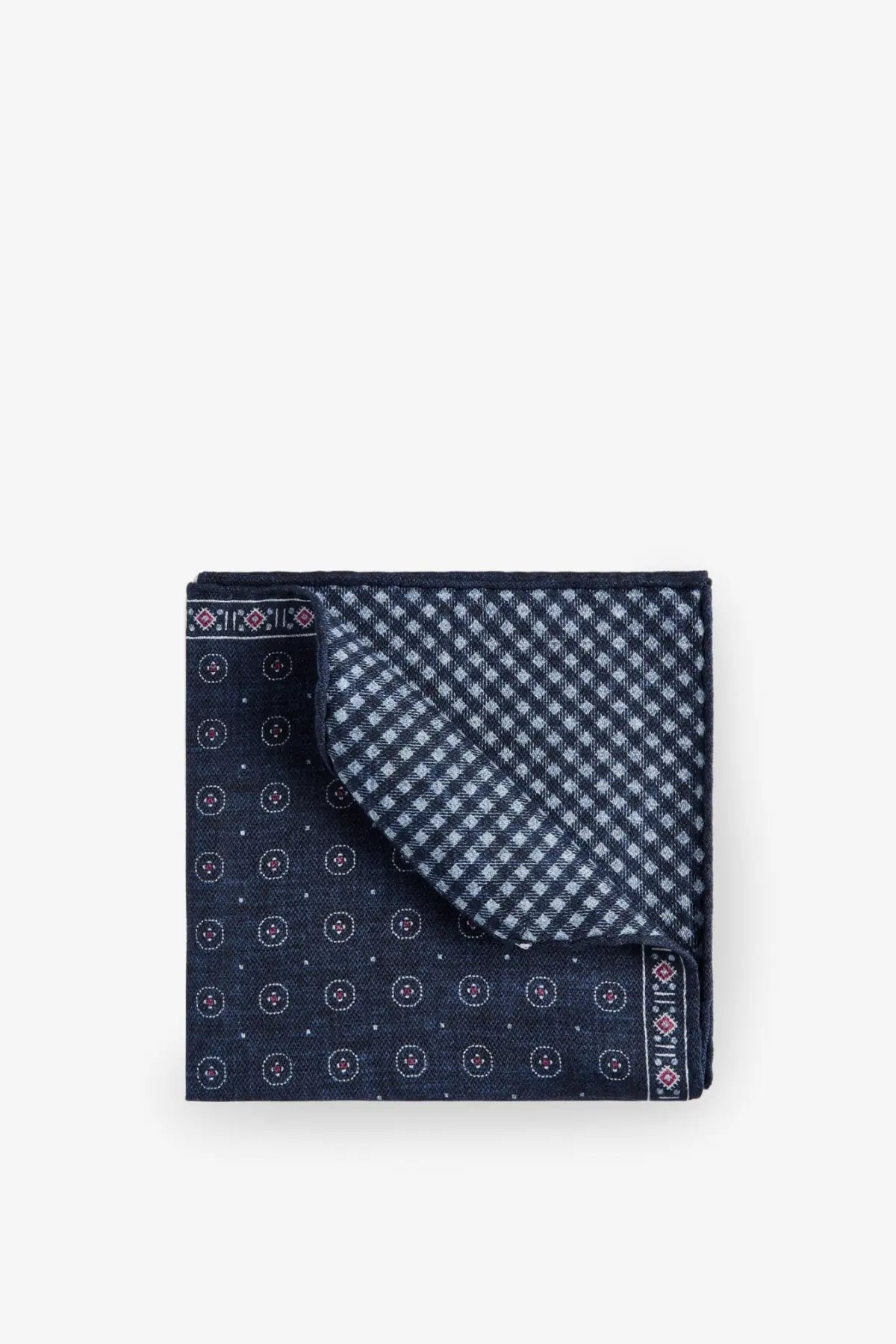 Brunello Cucinelli men’s silk pocket blue navy pocket square with subtle circular dot pattern and gray checkered lining