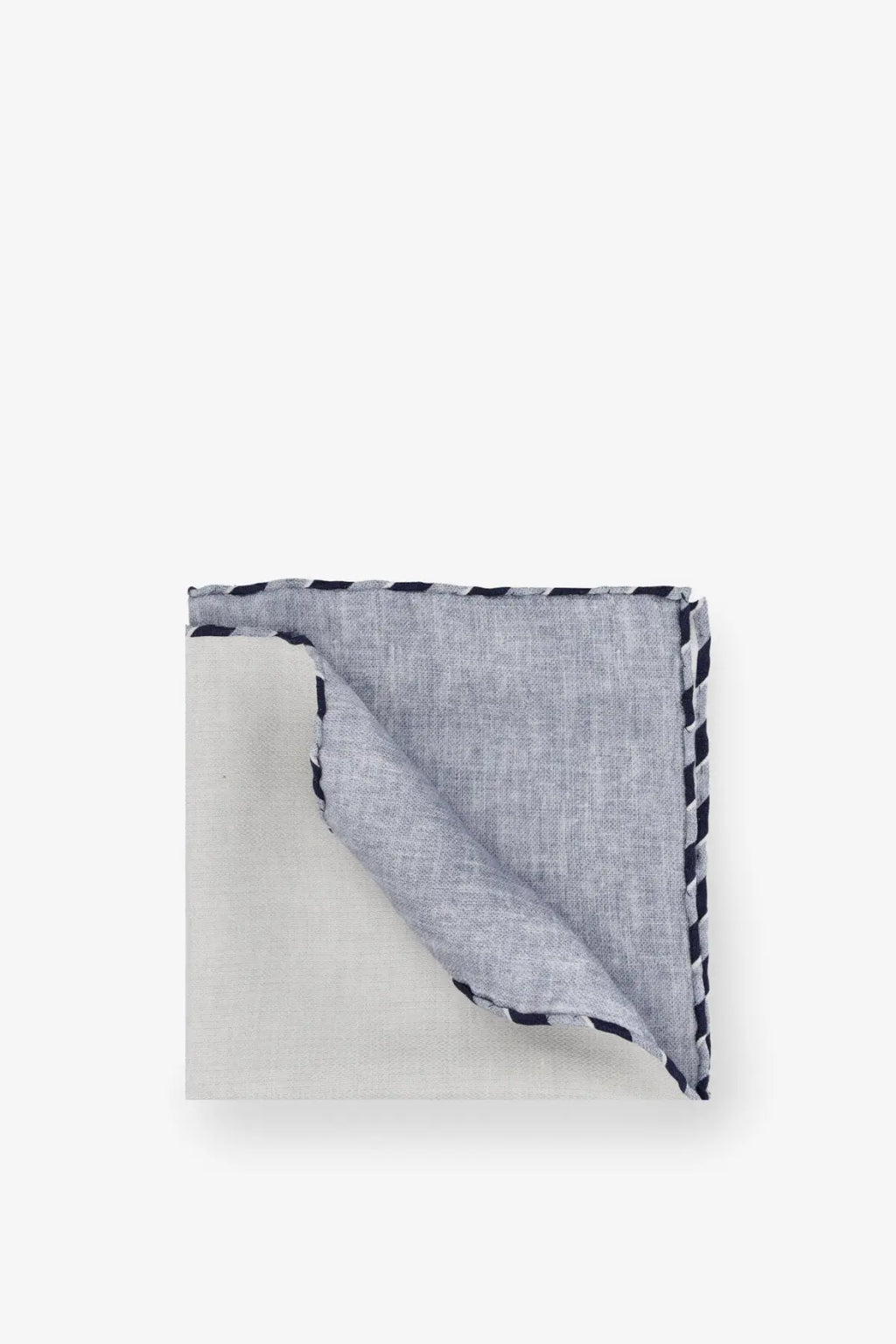Brunello Cucinelli men’s silk pocket panama neatly folded light gray linen pocket square with black and white zigzag border
