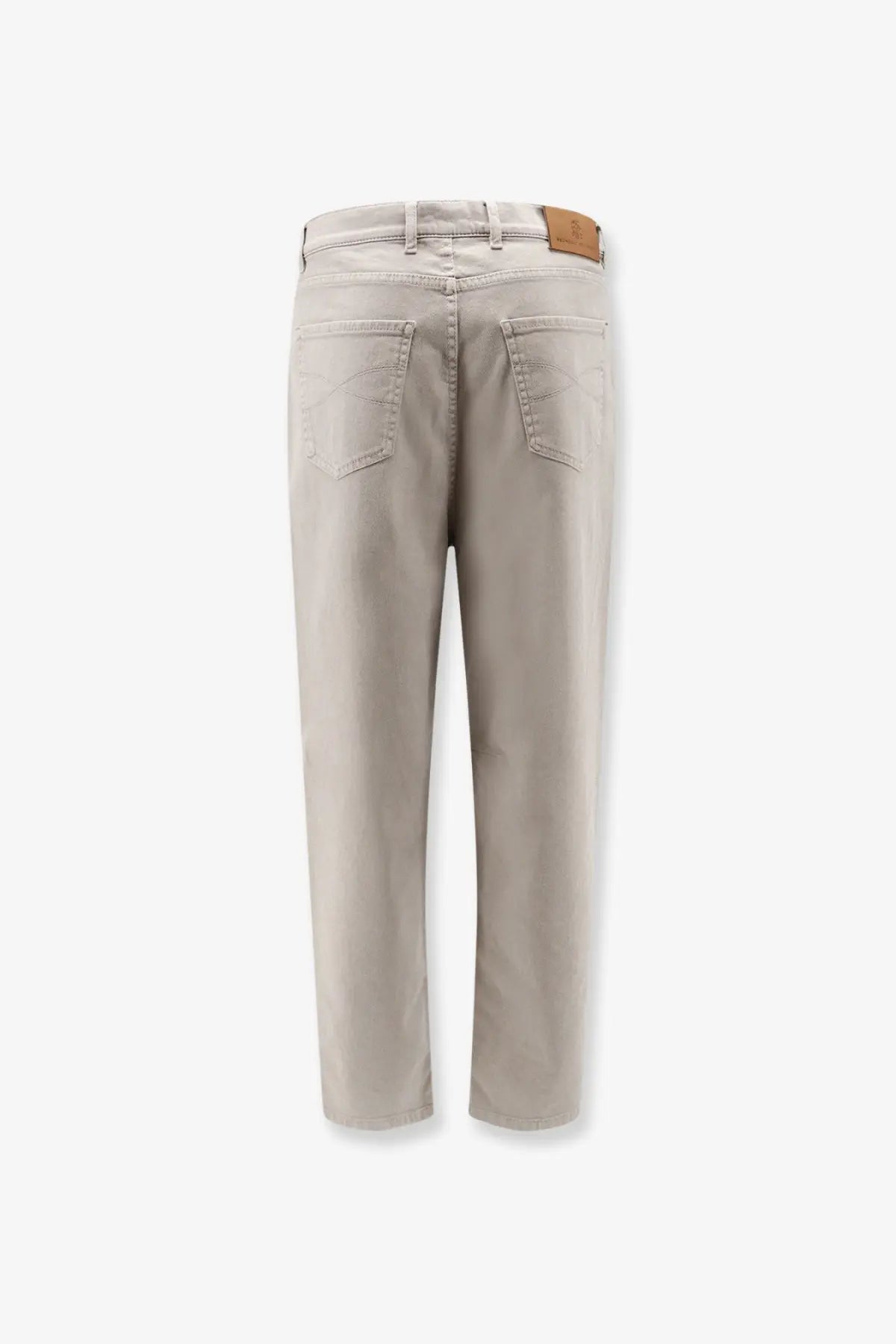 Back side of brunello cucinelli men’s stretch canvas brown trousers showing beige denim jeans with classic pocket design and leather patch