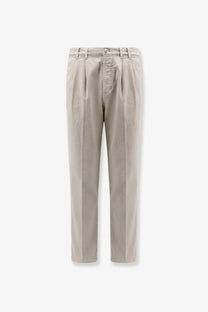 Beige pleated chino trousers with a classic straight-leg cut and button closure from brunello cucinelli brown stretch canvas collection