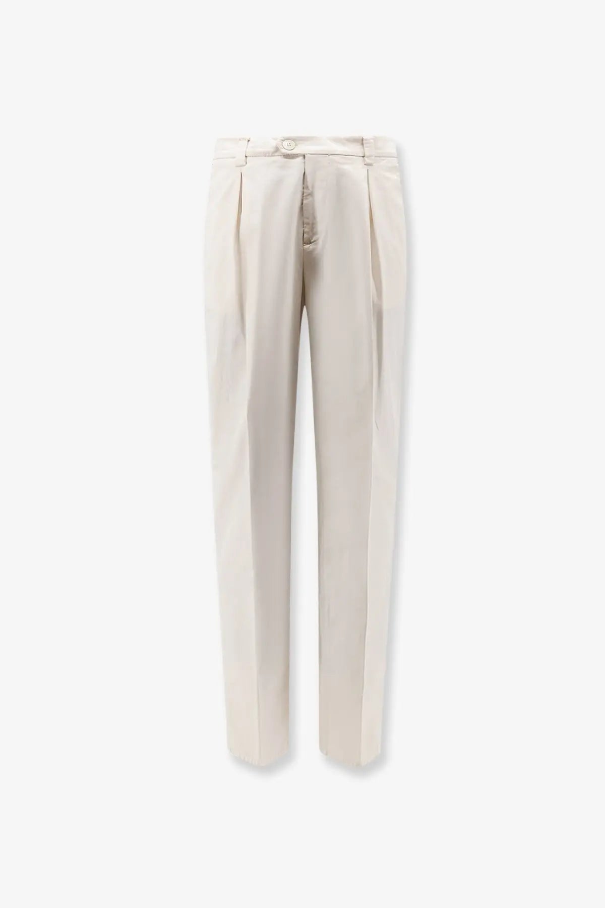 Brunello cucinelli men’s cream-colored stretch cotton trousers with pleated tailored fit and subtle stitching details