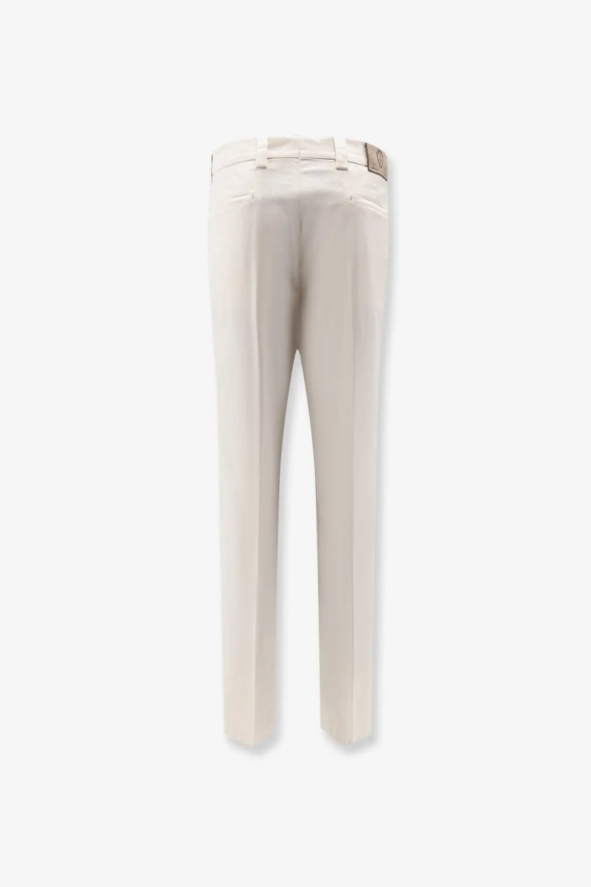 Cream-colored Brunello Cucinelli men’s stretch cotton trousers with tailored straight-leg cut and subtle waistband pleats