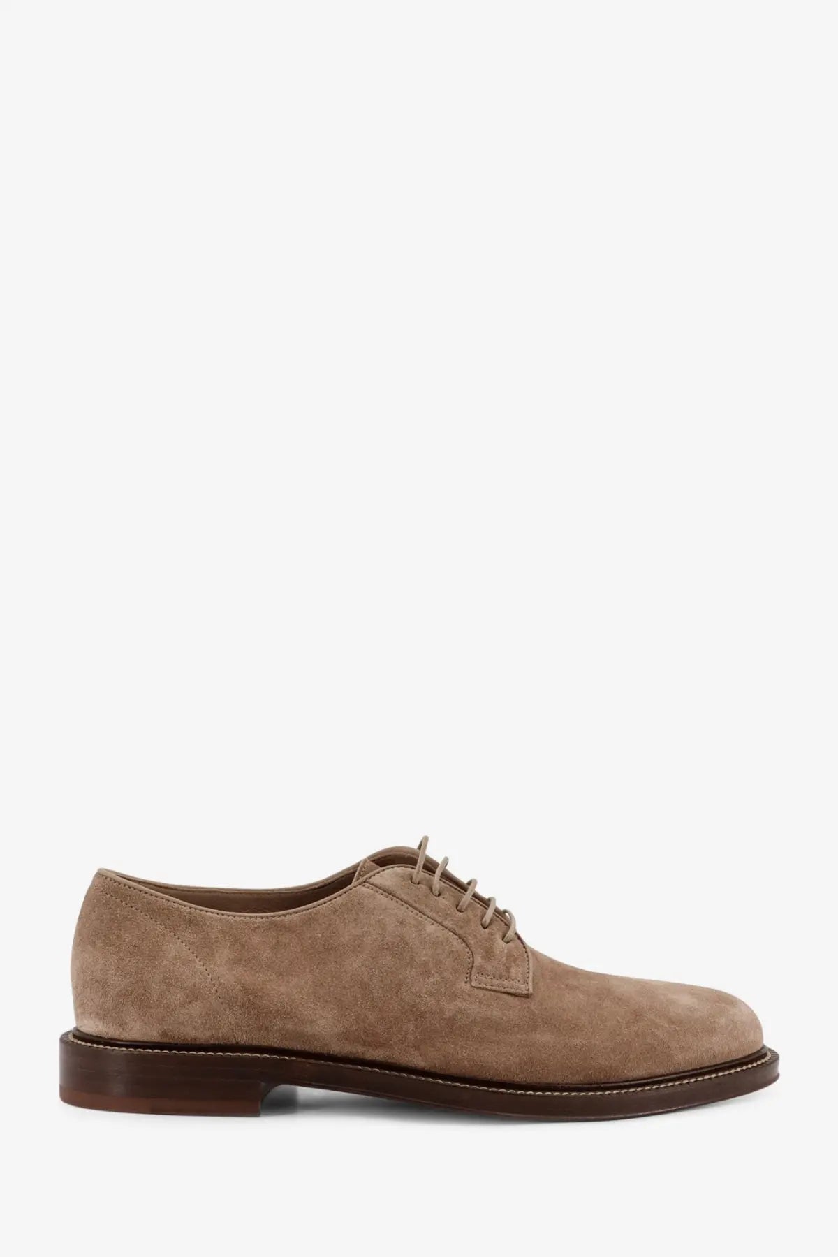 Brunello Cucinelli men’s suede derby shoe in tan with brown leather laces and dark brown rubber sole