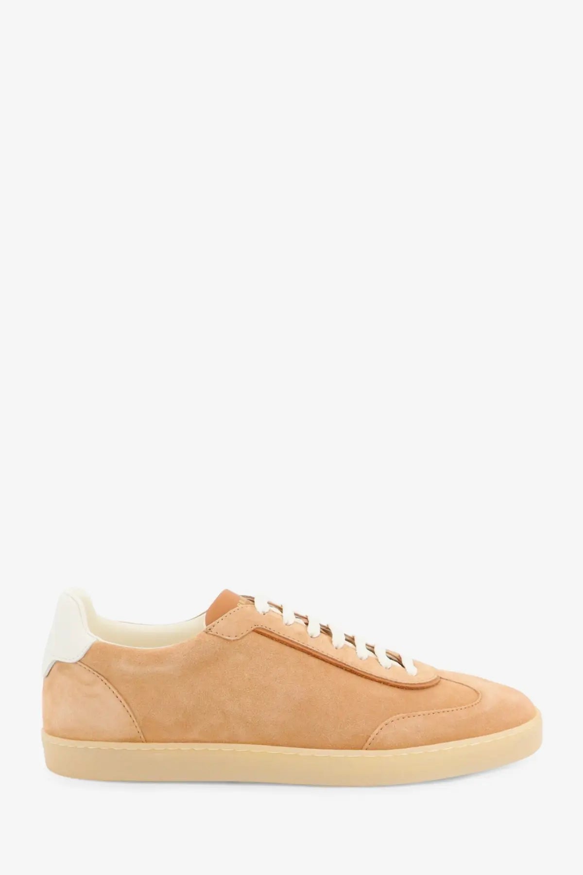 Brunello Cucinelli men’s beige low-top sneaker in tan suede with white laces and matching rubber sole