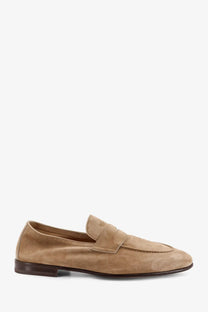 Brunello Cucinelli men’s tan suede loafers with classic slip-on design and dark brown leather sole
