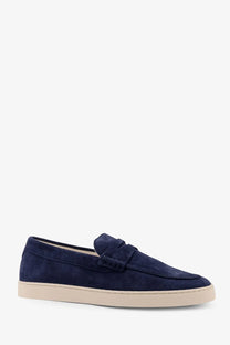 Brunello Cucinelli men’s navy blue suede loafers with cream rubber sole perfect for stylish casual wear