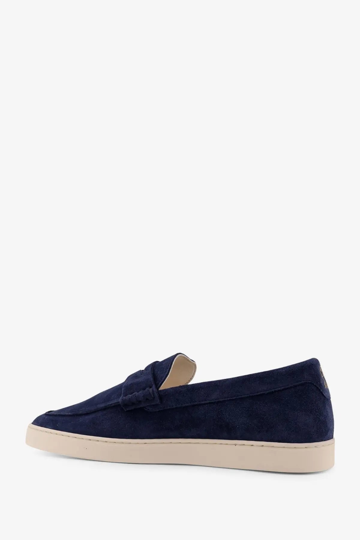 Brunello Cucinelli men’s navy blue suede loafers with cream rubber sole and classic bow detail