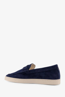 Brunello Cucinelli men’s navy blue suede loafers with cream rubber sole and classic bow detail