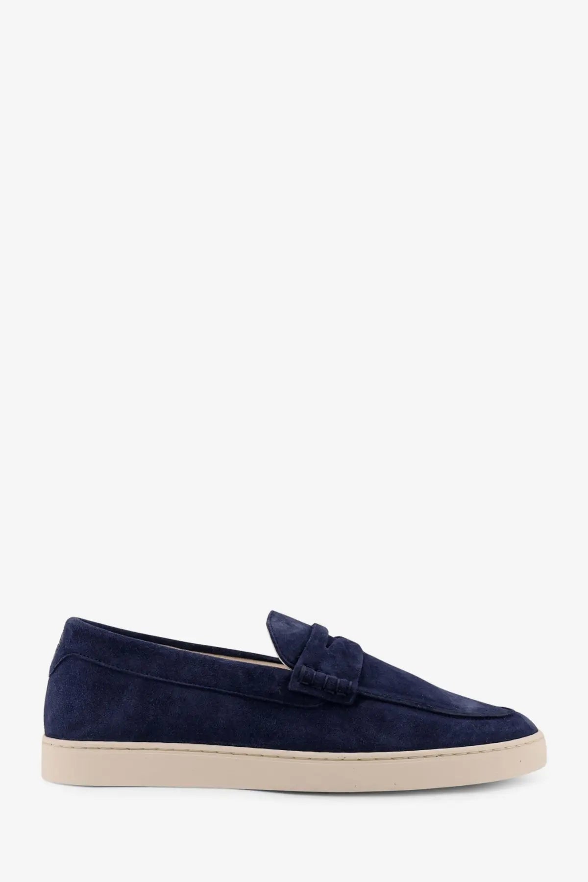 Brunello Cucinelli men’s navy blue suede loafer with cream rubber sole and decorative tassel on the toe