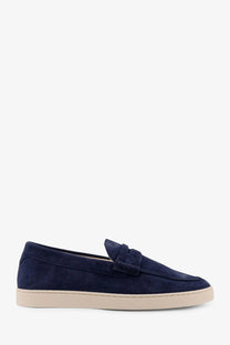 Brunello Cucinelli men’s navy blue suede loafer with cream rubber sole and decorative tassel on the toe