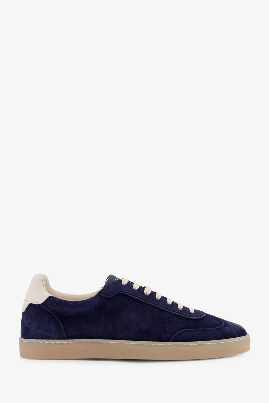 Brunello Cucinelli men’s navy blue suede low-top sneaker with cream laces heel tab and rubber sole