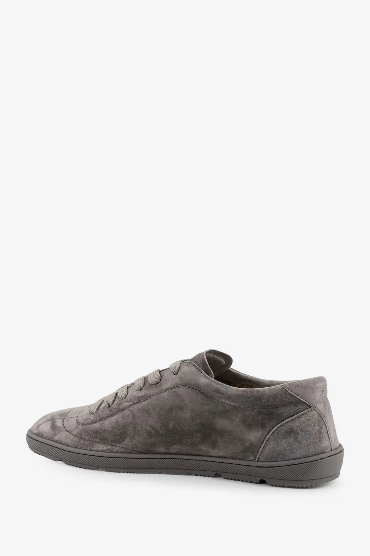 Brunello Cucinelli men’s grey suede low-top sneakers with matching laces and textured rubber sole