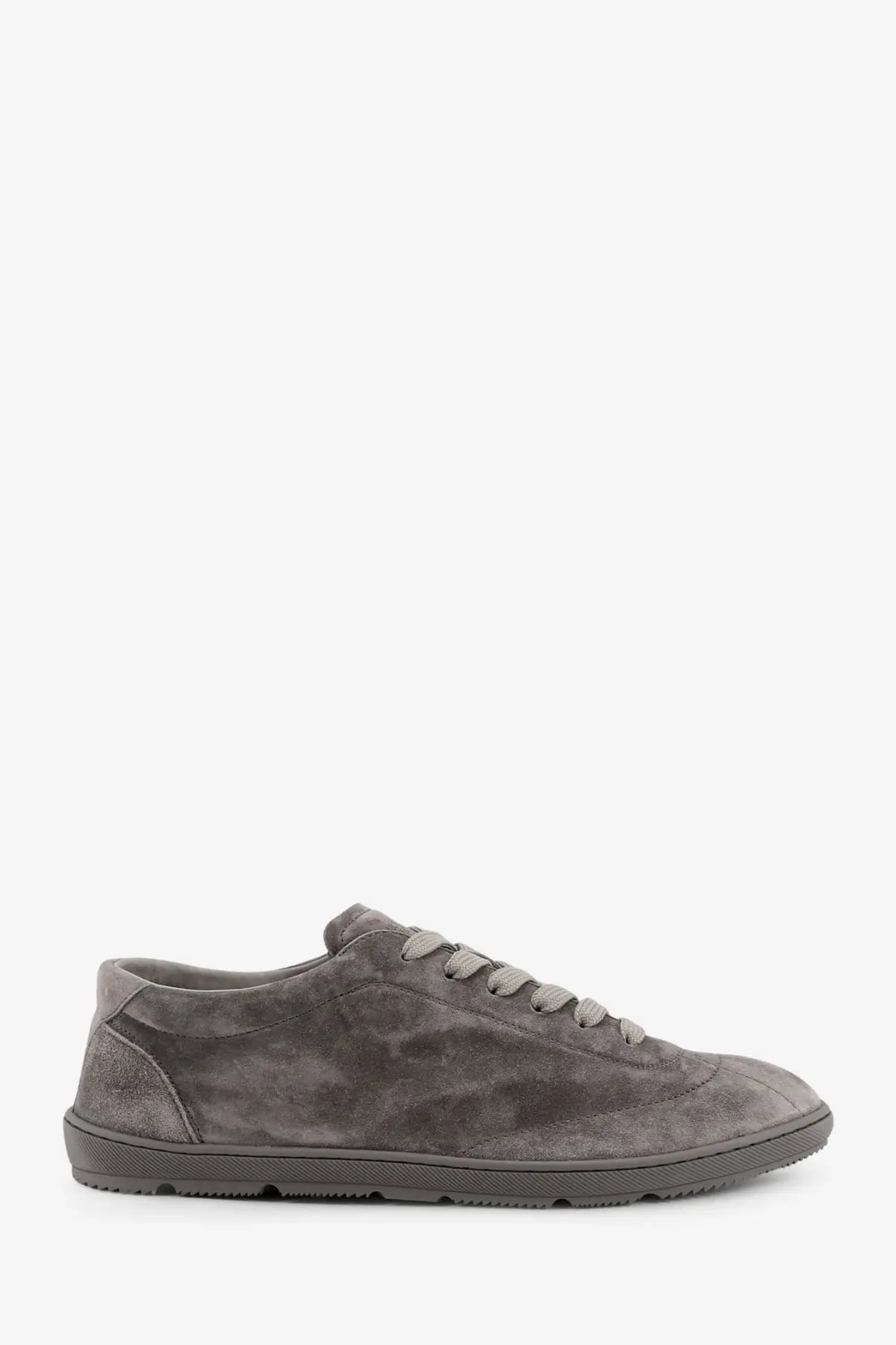 Brunello Cucinelli men’s grey suede low-top sneaker with matching laces and textured rubber sole