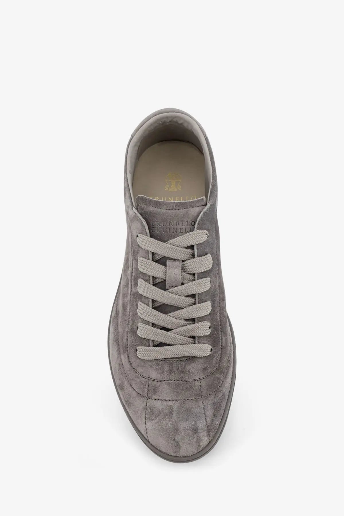 Brunello Cucinelli men’s grey suede sneakers with matching laces and minimalist design