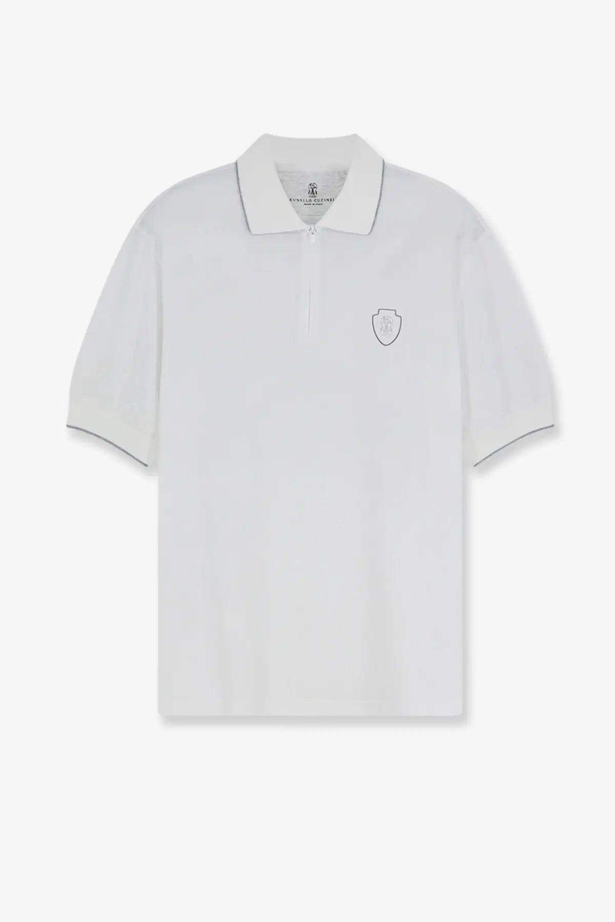 Brunello Cucinelli men’s white technical fabric polo shirt with gray trim and embroidered shield logo on chest
