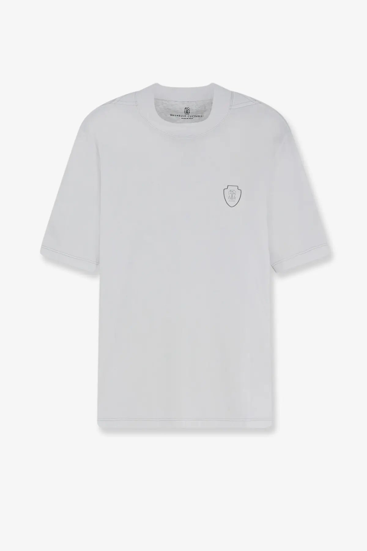 Brunello Cucinelli men’s white cotton t-shirt with subtle embroidered shield logo on left chest in minimalist design