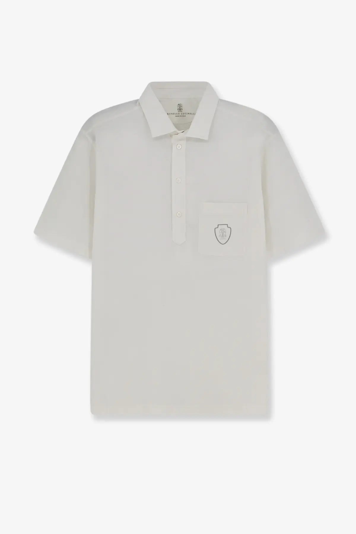 Brunello Cucinelli men’s virgin wool polo shirt white with short sleeves embroidered shield logo and buttoned placket