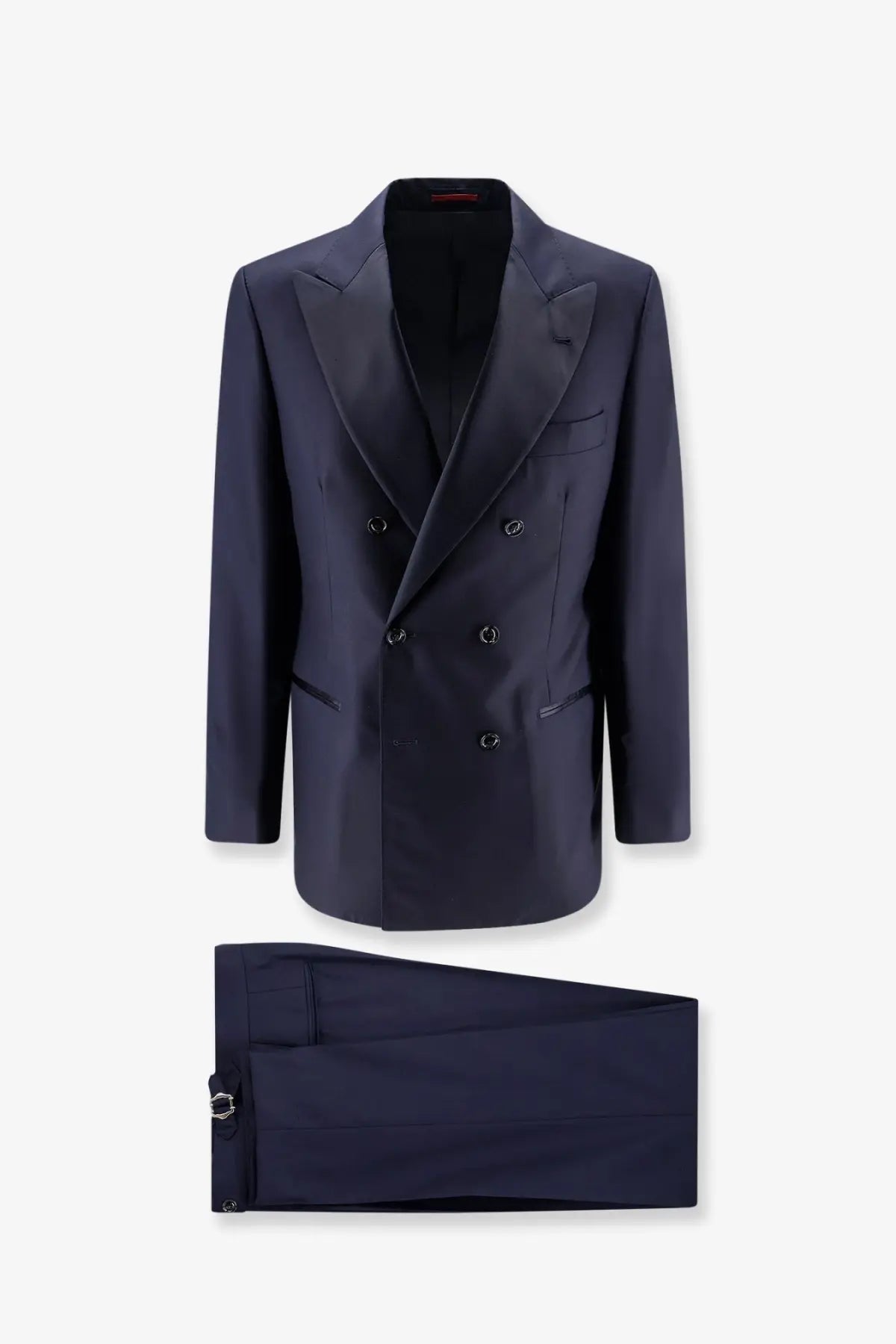 Brunello Cucinelli men’s navy blue double-breasted tuxedo suit with satin lapels and virgin wool silk trousers
