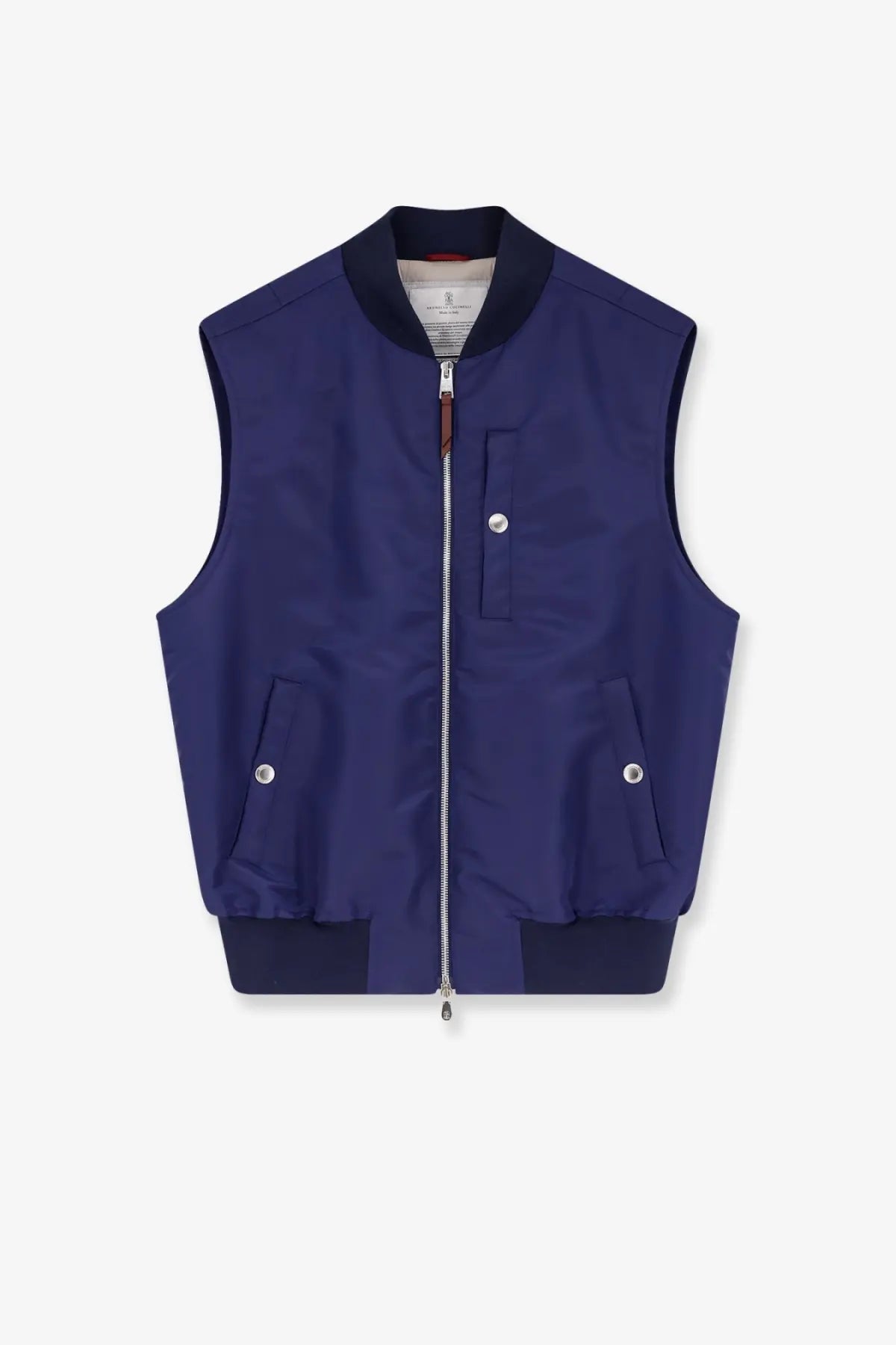 Brunello Cucinelli men’s navy blue nylon sleeveless bomber vest with ribbed collar cuffs and silver snap button pockets