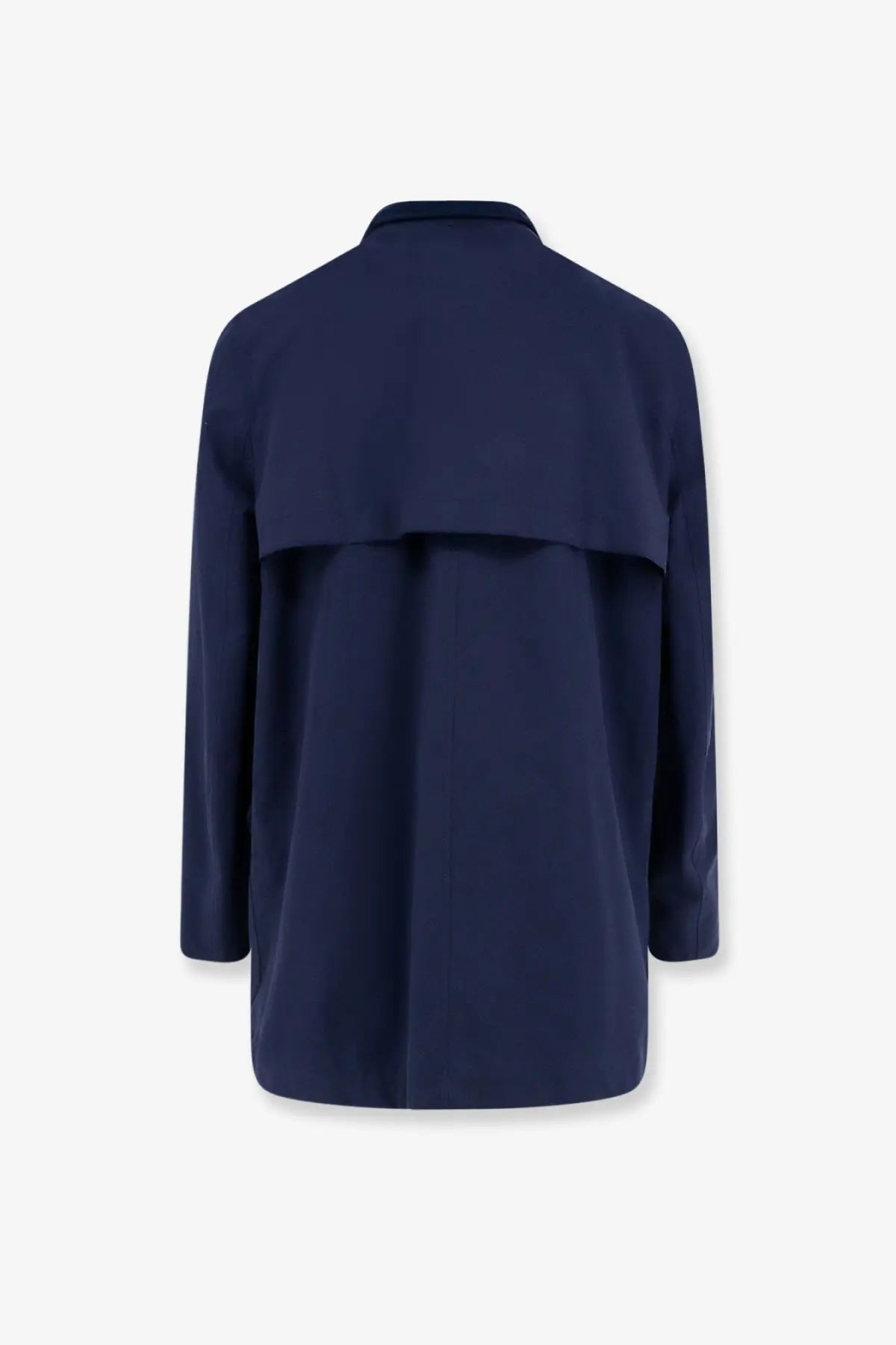 Brunello Cucinelli men’s navy blue water resistant trench coat with structured collar and layered fabric detail