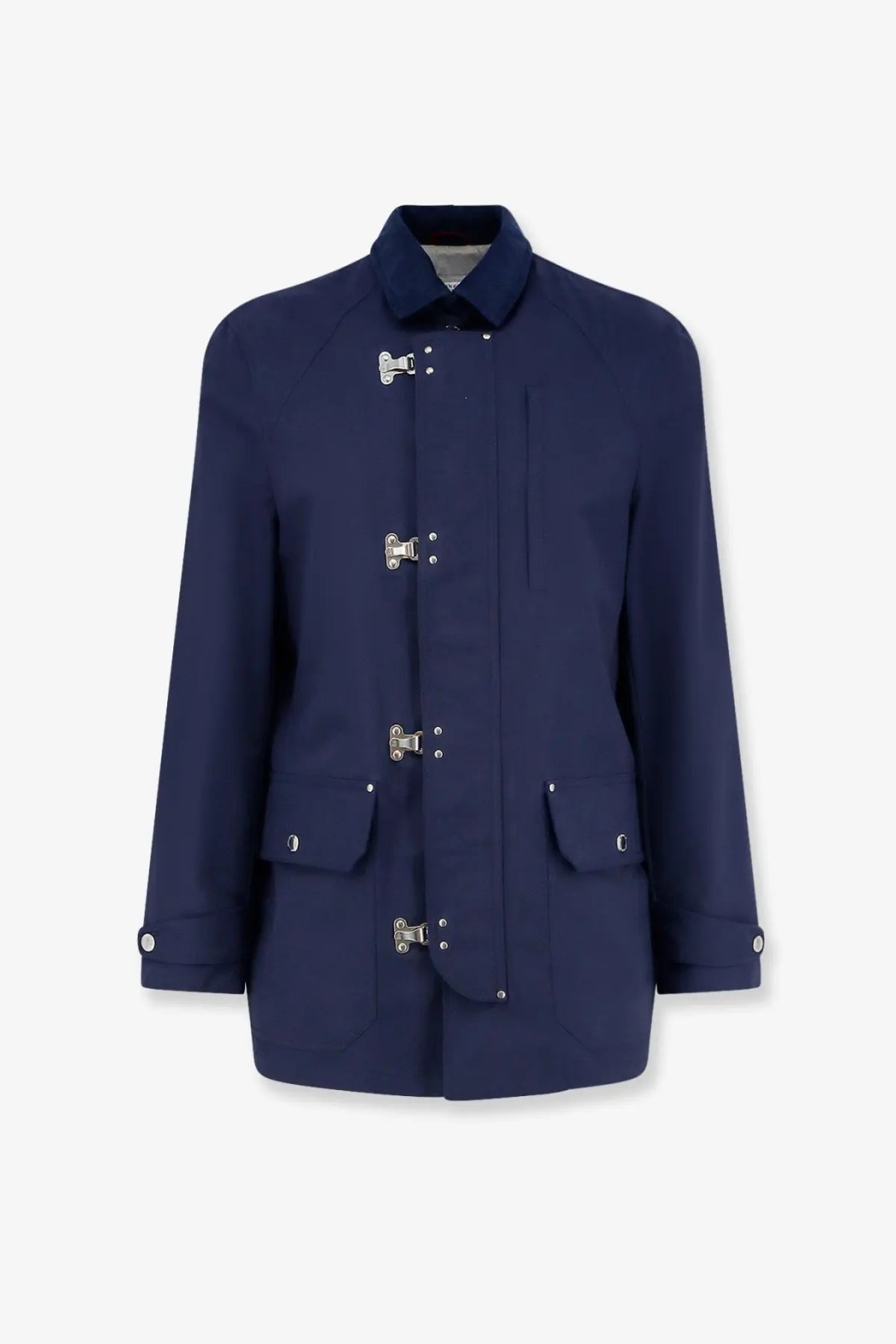 Brunello Cucinelli men’s navy blue trench coat with silver toggle closures and flap pockets water resistant jacket