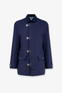 Brunello Cucinelli men’s navy blue trench coat with silver toggle closures and flap pockets water resistant jacket
