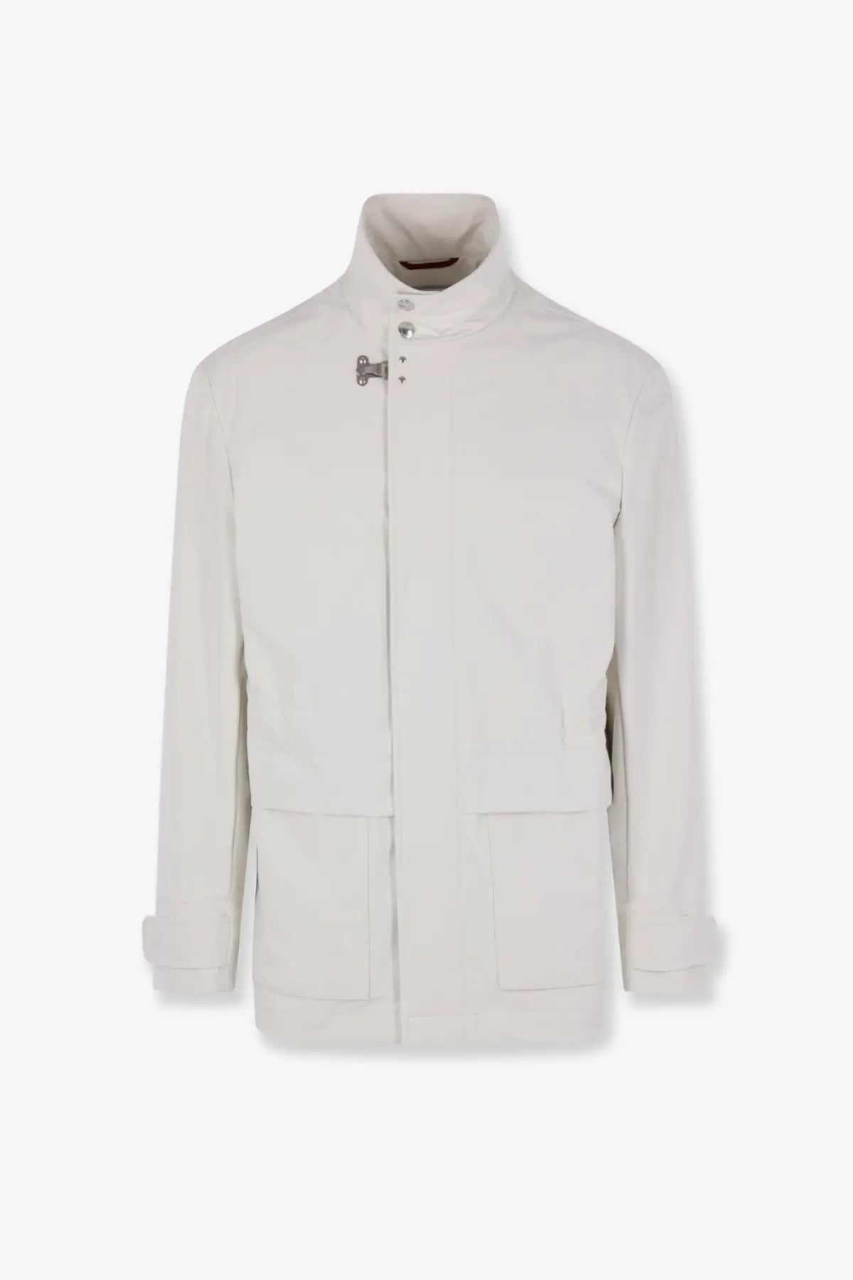 Brunello Cucinelli men’s waterproof sahariana white jacket with high collar silver clasps and patch pockets in smooth fabric