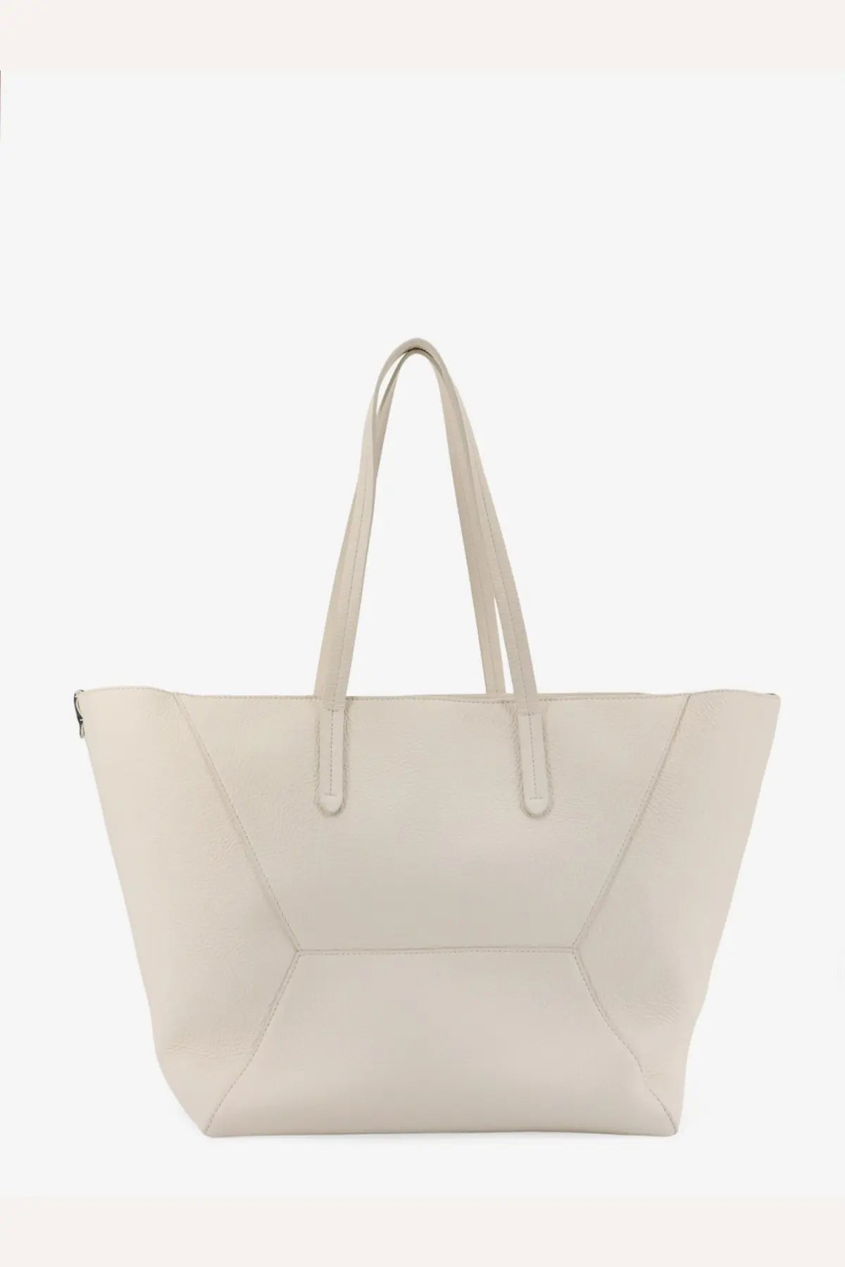 Cream-colored leather tote bag with structured geometric stitching and matching handles by Brunello Cucinelli
