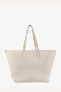 Cream-colored leather tote bag with structured geometric stitching and matching handles by Brunello Cucinelli