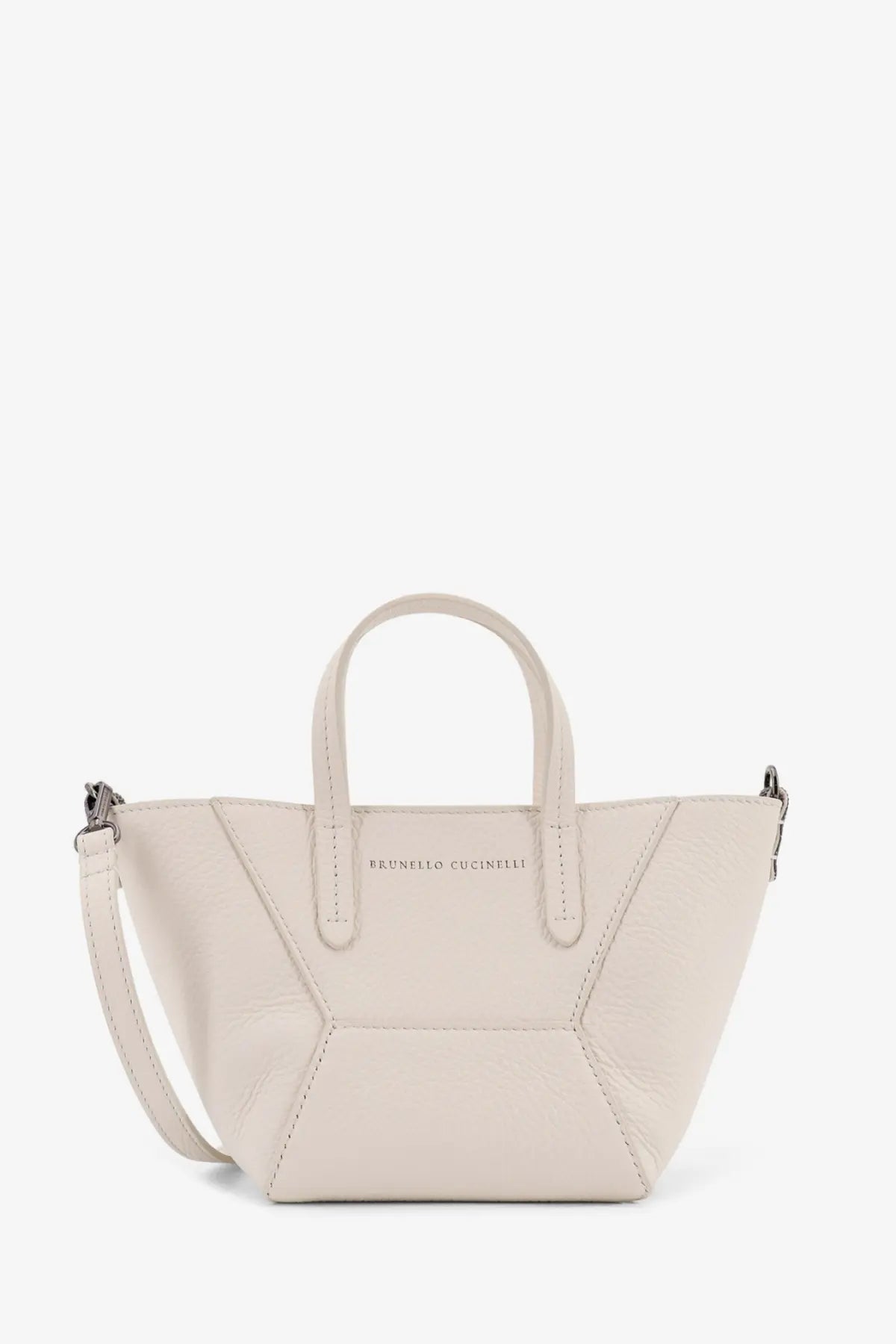 Brunello Cucinelli women’s white leather tote bag with geometric panels and silver hardware in off-white leather