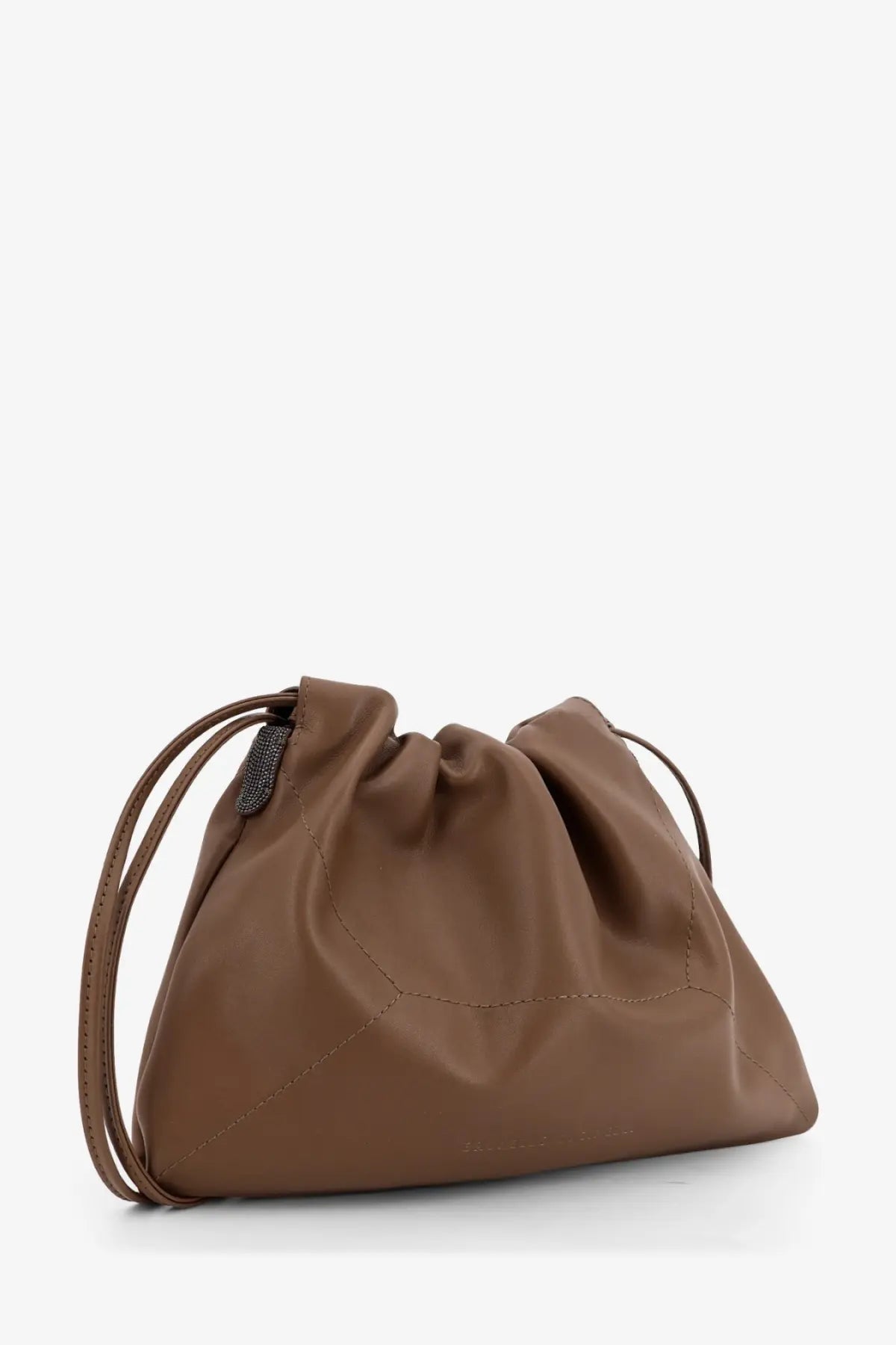 Brunello Cucinelli women’s grey leather shoulder bag with brown leather drawstring clutch and subtle stitching details